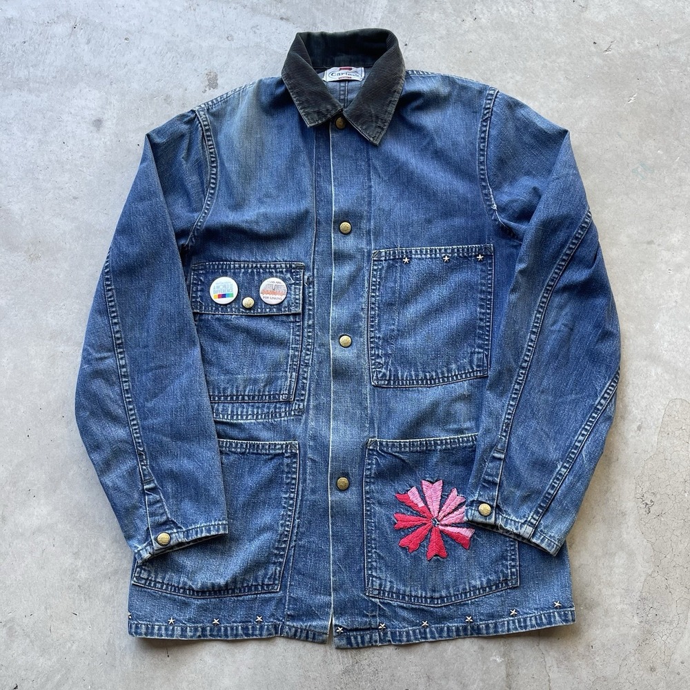 Vintage 70s Carter's Denim Chore Coat‎ Distressed Faded Workwear Custom Studded
